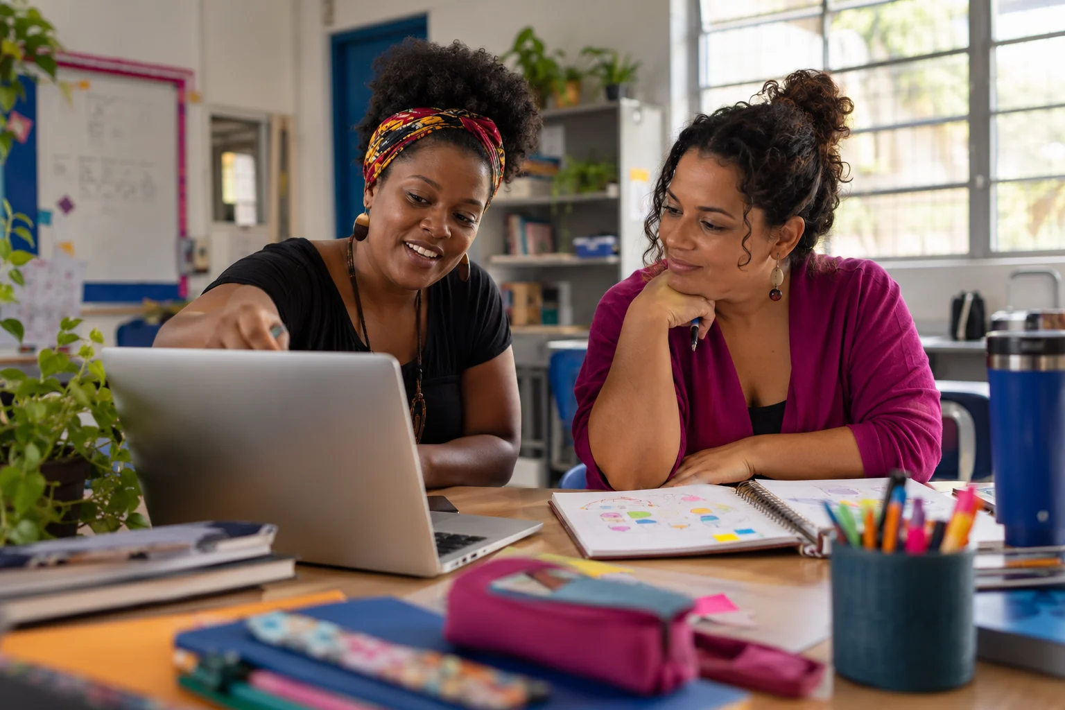 Professoras planejam juntas um projeto pedagógico com notebook e materiais criativos