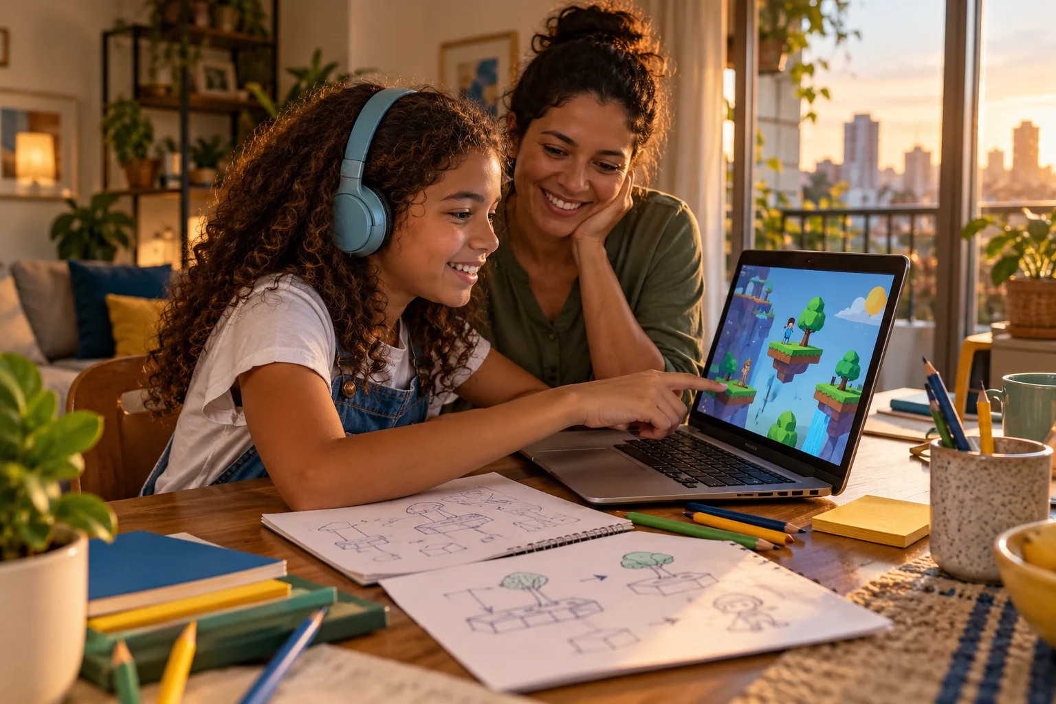 Menina cria um jogo no notebook em casa com o acompanhamento da mãe
