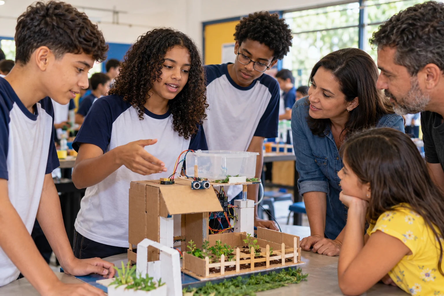 Cena ilustrativa de estudantes apresentando um protótipo a educadores e familiares em uma mostra escolar